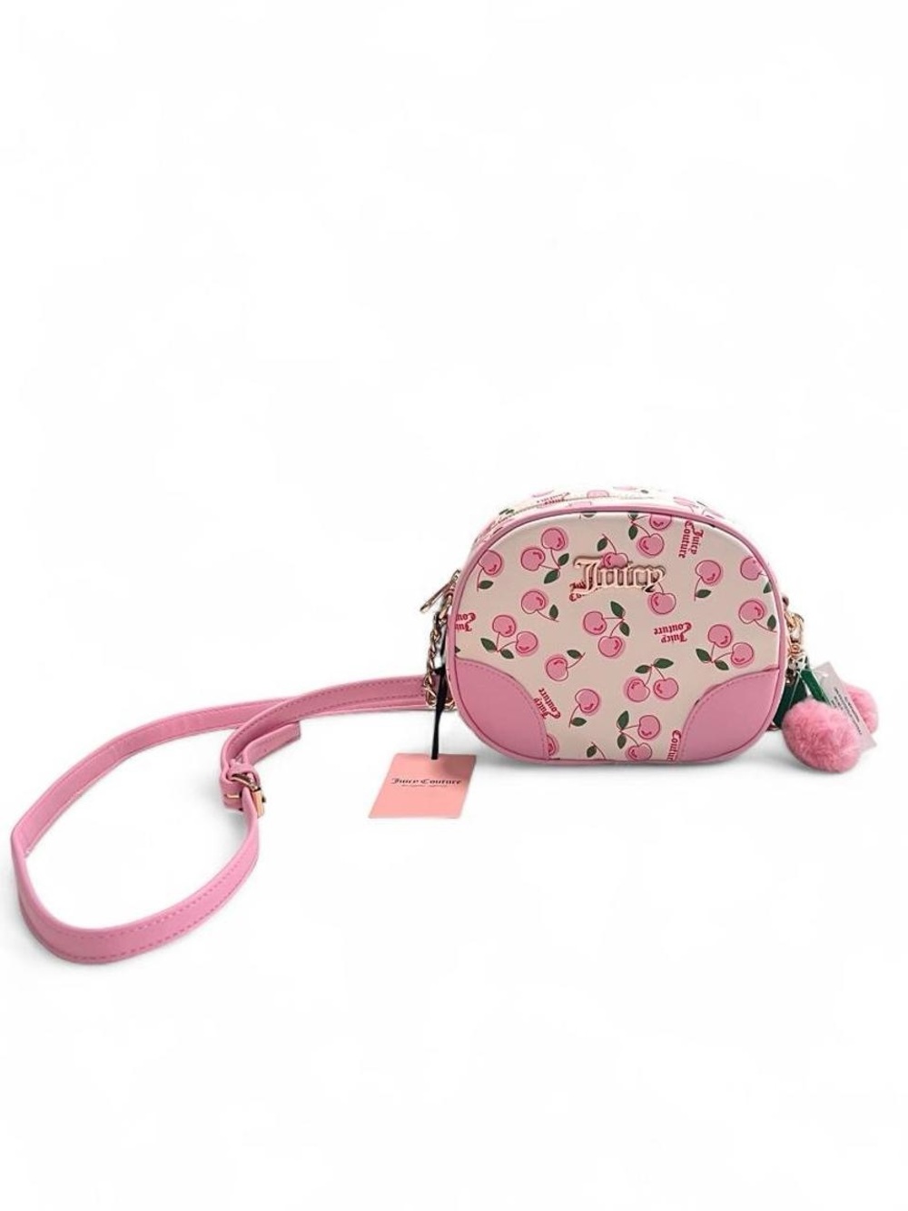 Juicy Couture Pink Cherry Print Crossbody with Pom Pom Charm